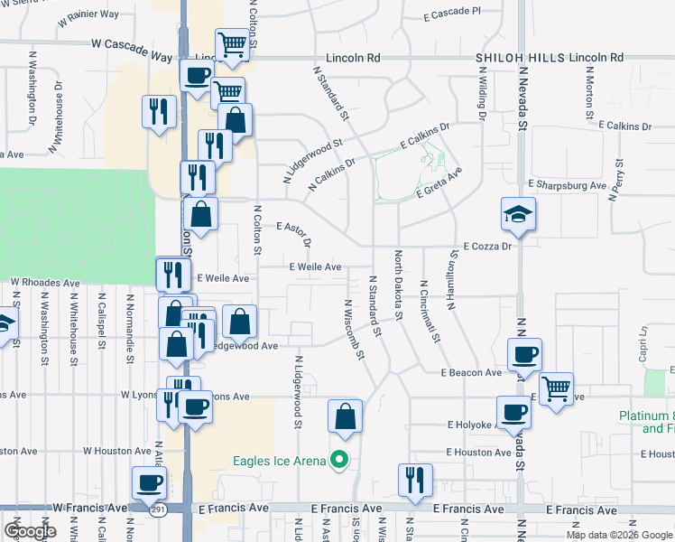 map of restaurants, bars, coffee shops, grocery stores, and more near 7106 North Wiscomb Street in Spokane