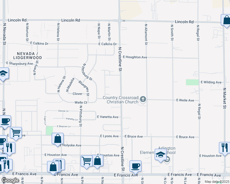 map of restaurants, bars, coffee shops, grocery stores, and more near 7119 North Crestline Street in Spokane