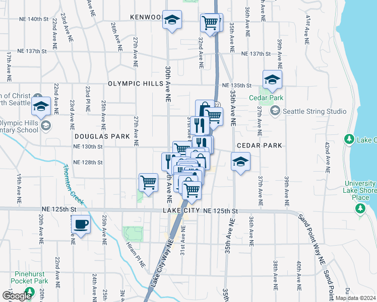 map of restaurants, bars, coffee shops, grocery stores, and more near 3025 Northeast 130th Street in Seattle
