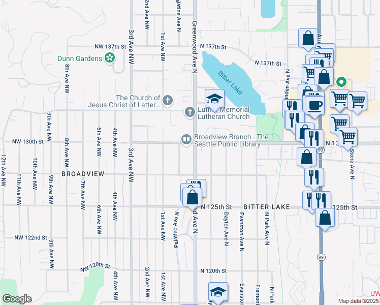 map of restaurants, bars, coffee shops, grocery stores, and more near 12738 Palatine Avenue North in Seattle