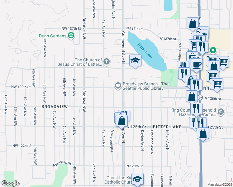 map of restaurants, bars, coffee shops, grocery stores, and more near 12738 Palatine Avenue North in Seattle