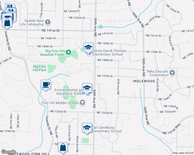 map of restaurants, bars, coffee shops, grocery stores, and more near 8407 Northeast 137th Street in Kirkland