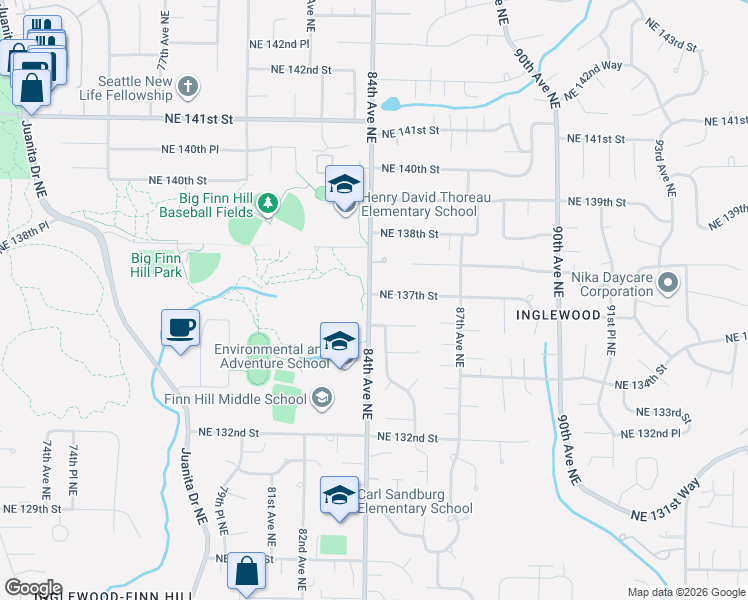 map of restaurants, bars, coffee shops, grocery stores, and more near 8403 Northeast 137th Street in Kirkland
