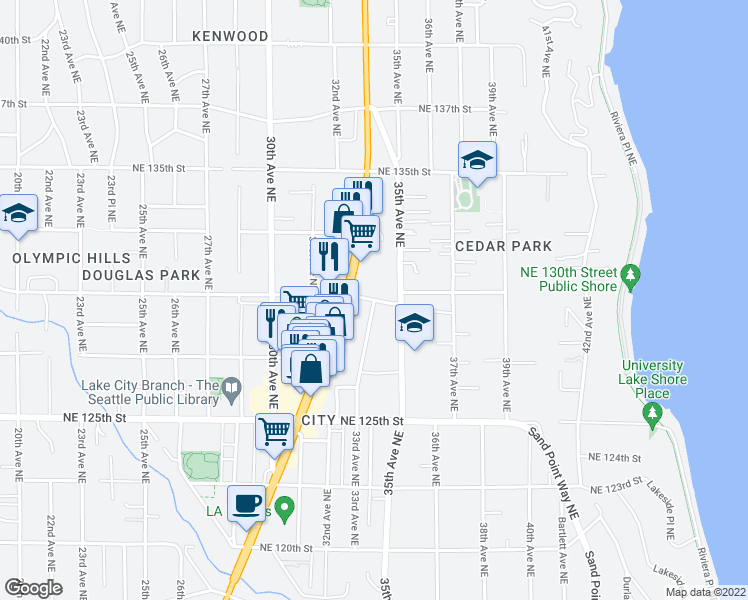 map of restaurants, bars, coffee shops, grocery stores, and more near 33rd Ave NE & NE 130th St in Seattle