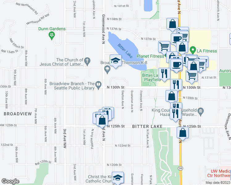 map of restaurants, bars, coffee shops, grocery stores, and more near 12744 Phinney Avenue North in Seattle