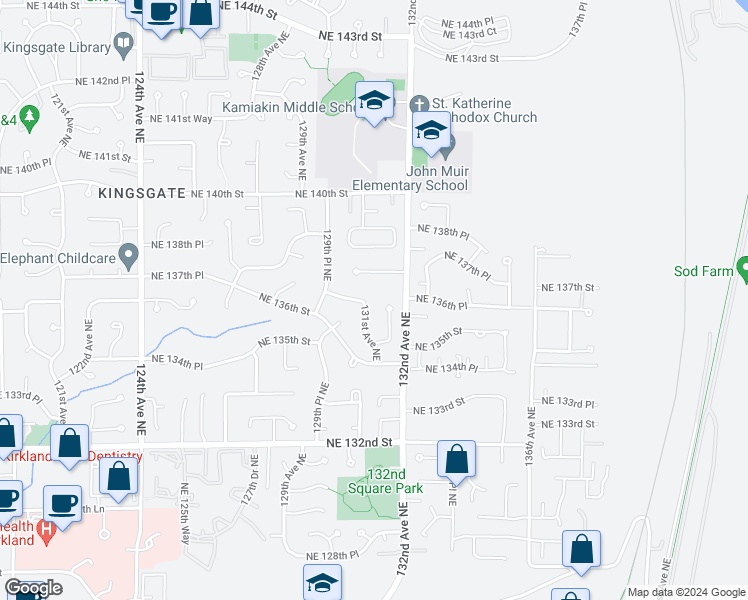 map of restaurants, bars, coffee shops, grocery stores, and more near 13540 131st Avenue Northeast in Kirkland