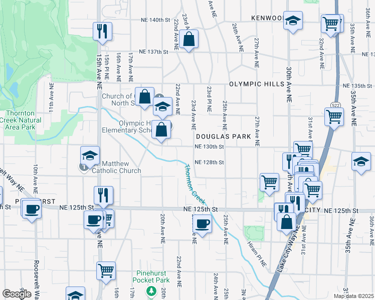 map of restaurants, bars, coffee shops, grocery stores, and more near 2247 Northeast 130th Street in Seattle