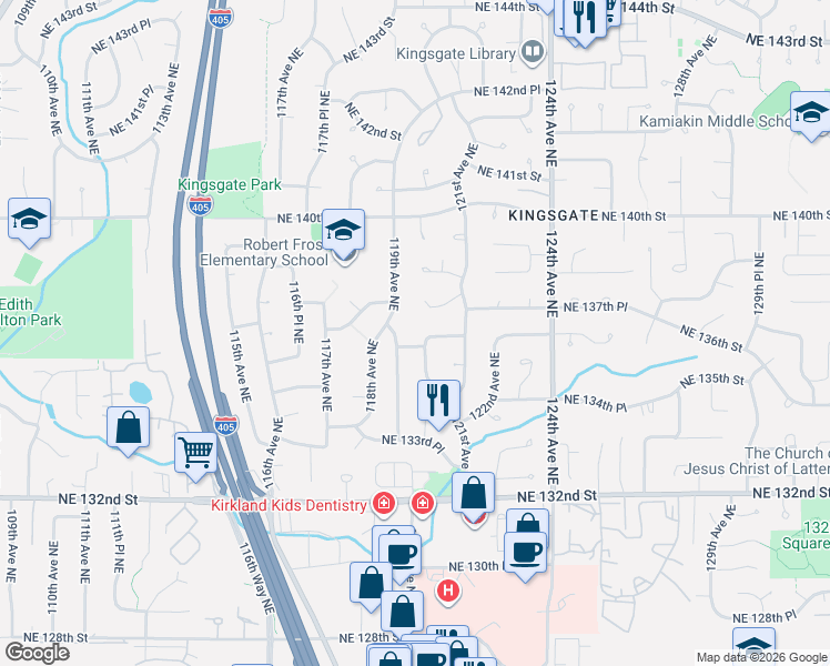 map of restaurants, bars, coffee shops, grocery stores, and more near 13607 120th Avenue Northeast in Kirkland