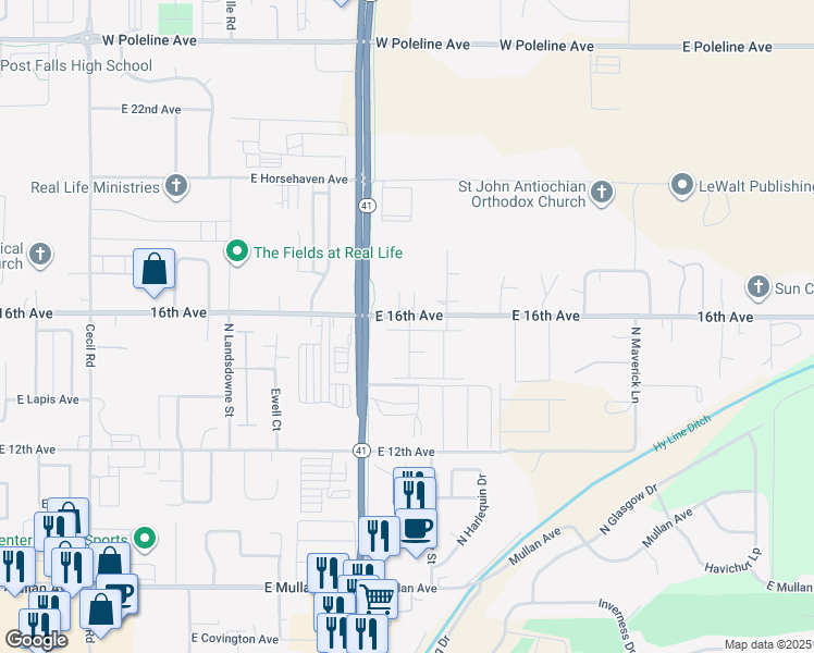 map of restaurants, bars, coffee shops, grocery stores, and more near 4130 East 16th Avenue in Post Falls