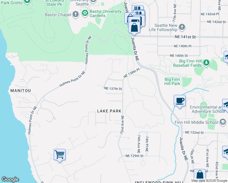 map of restaurants, bars, coffee shops, grocery stores, and more near 7037 Northeast 137th Street in Kirkland