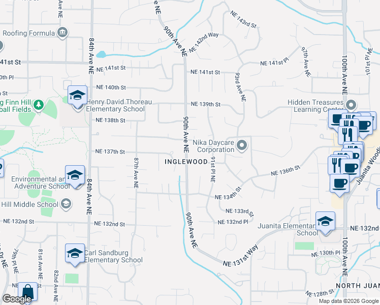 map of restaurants, bars, coffee shops, grocery stores, and more near 8910 Northeast 136th Street in Kirkland