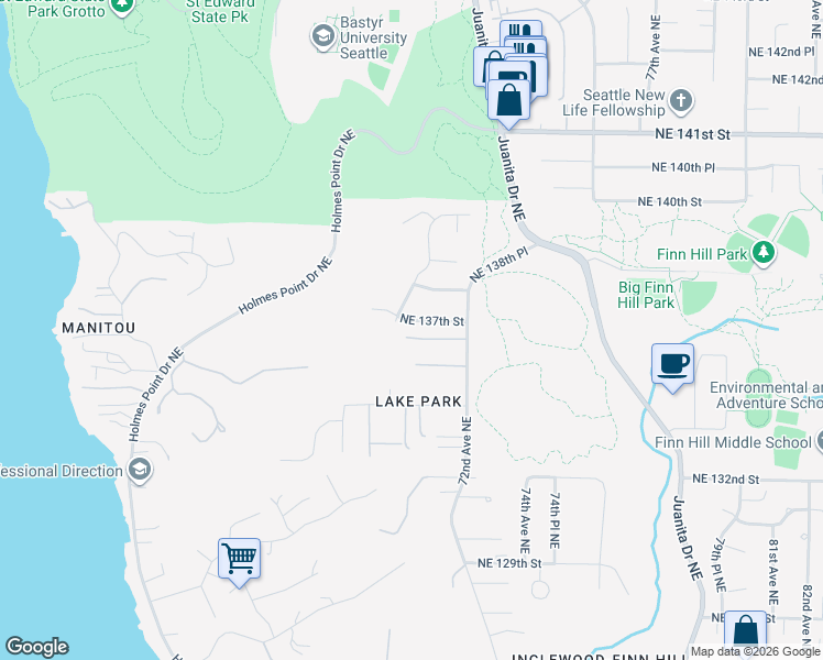 map of restaurants, bars, coffee shops, grocery stores, and more near 7127 Northeast 136th Street in Kirkland