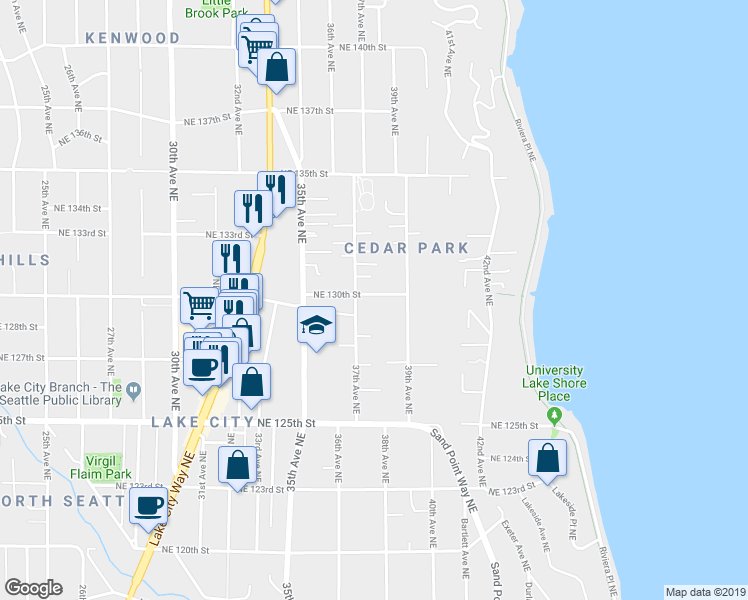 map of restaurants, bars, coffee shops, grocery stores, and more near 12748 1/2 37th Avenue Northeast in Seattle