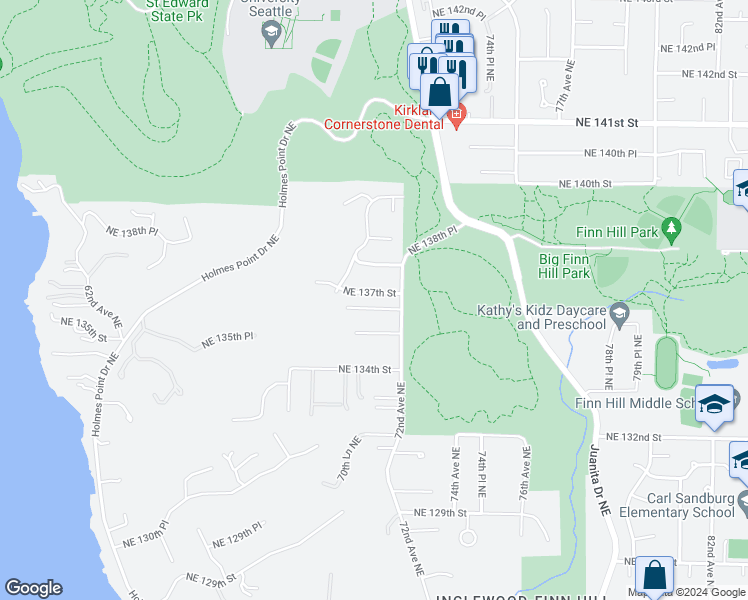 map of restaurants, bars, coffee shops, grocery stores, and more near 7037 Northeast 137th Street in Kirkland