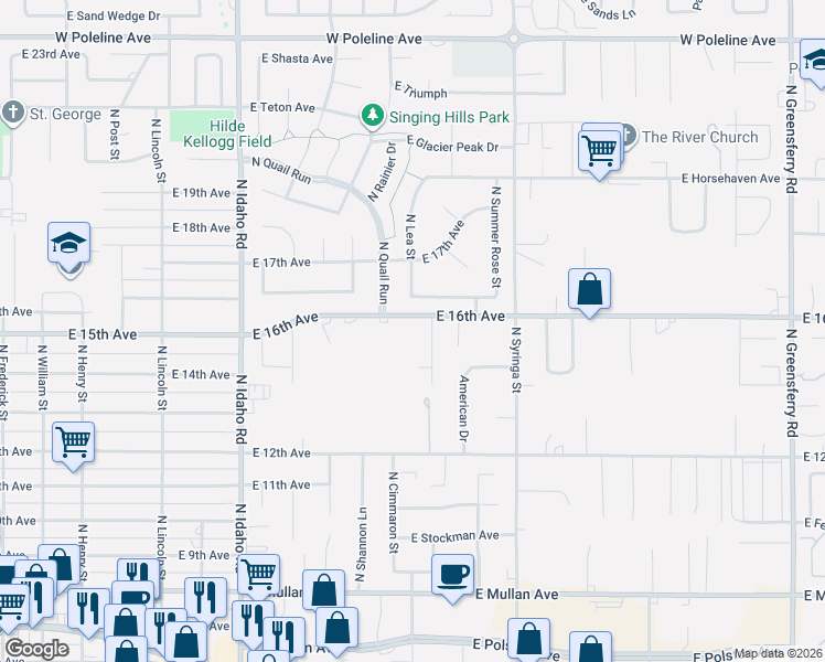 map of restaurants, bars, coffee shops, grocery stores, and more near 1168 East 16th Avenue in Post Falls