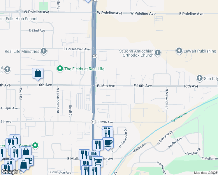 map of restaurants, bars, coffee shops, grocery stores, and more near 4188 East 16th Avenue in Post Falls