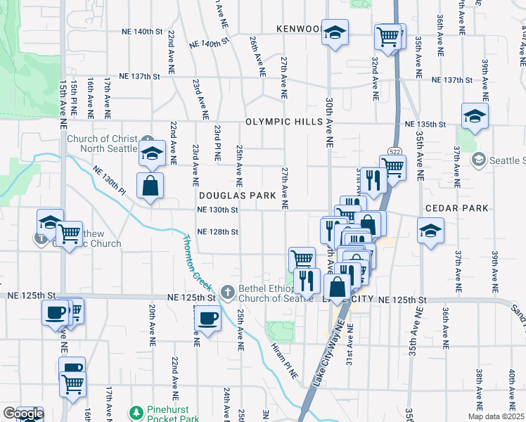map of restaurants, bars, coffee shops, grocery stores, and more near 12743 26th Avenue Northeast in Seattle