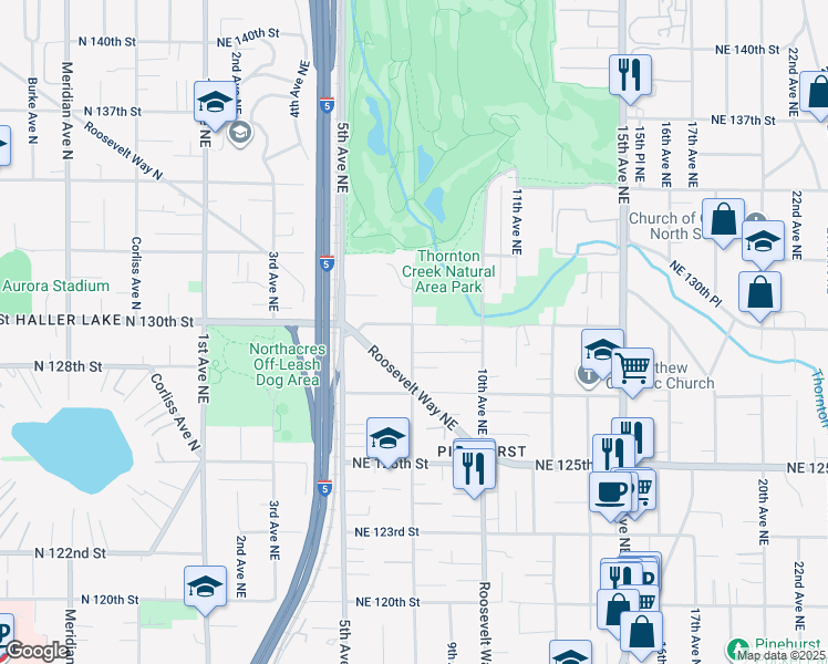 map of restaurants, bars, coffee shops, grocery stores, and more near 804 Northeast 128th Street in Seattle