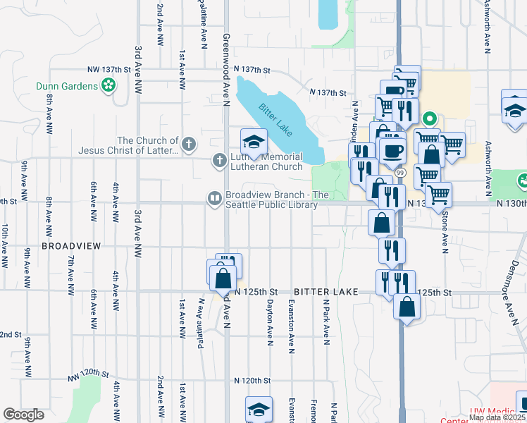 map of restaurants, bars, coffee shops, grocery stores, and more near 12739 Dayton Avenue North in Seattle