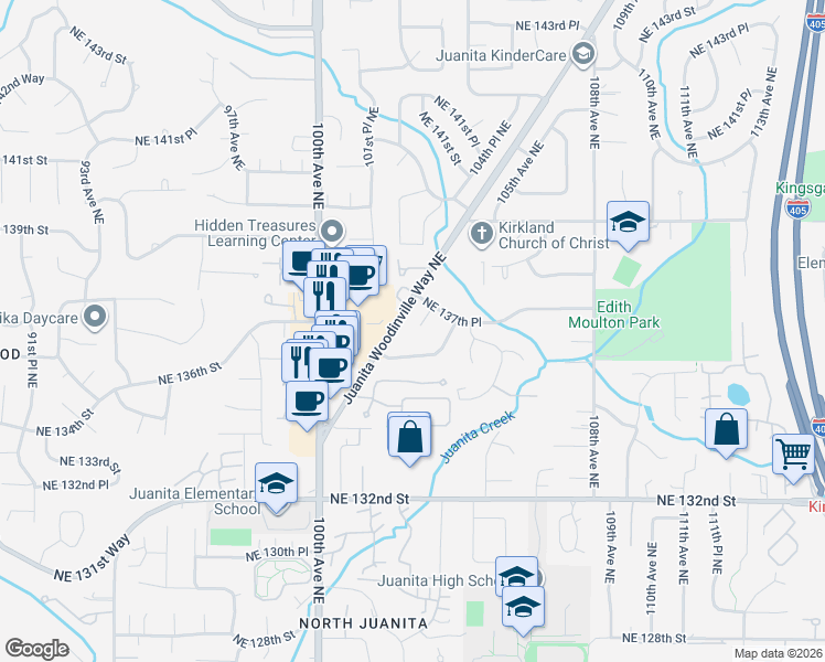 map of restaurants, bars, coffee shops, grocery stores, and more near 10312 Northeast 136th Place in Kirkland