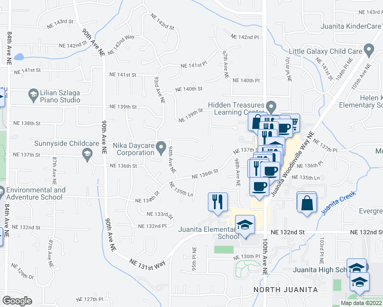 map of restaurants, bars, coffee shops, grocery stores, and more near 9508 Northeast 137th Street in Kirkland