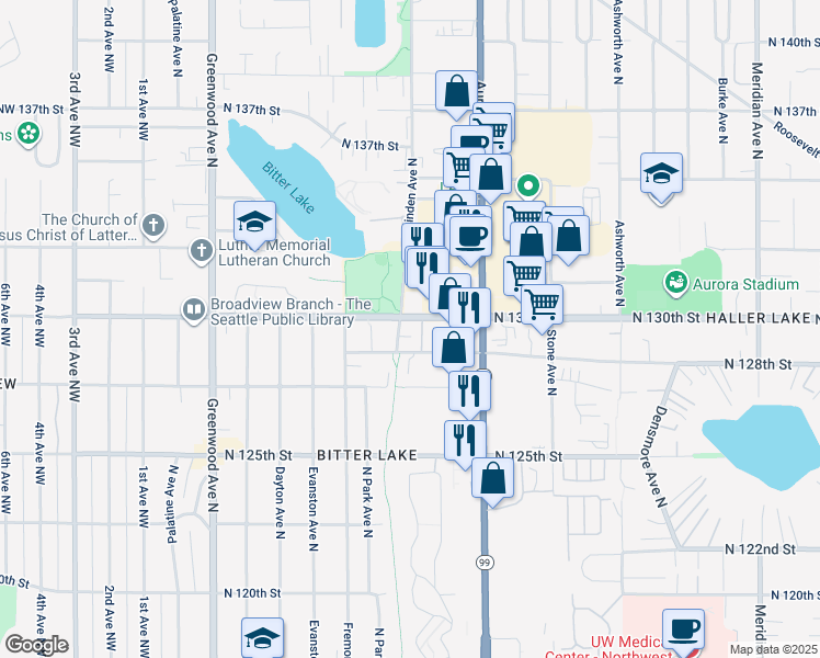 map of restaurants, bars, coffee shops, grocery stores, and more near 903 North 130th Street in Seattle