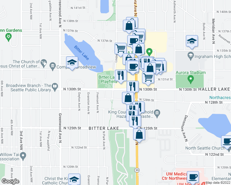 map of restaurants, bars, coffee shops, grocery stores, and more near 914 North 128th Street in Seattle