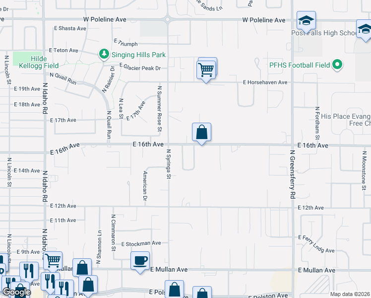 map of restaurants, bars, coffee shops, grocery stores, and more near 1621 East Velora Drive in Post Falls