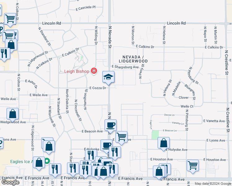 map of restaurants, bars, coffee shops, grocery stores, and more near 1030 East Cozza Drive in Spokane