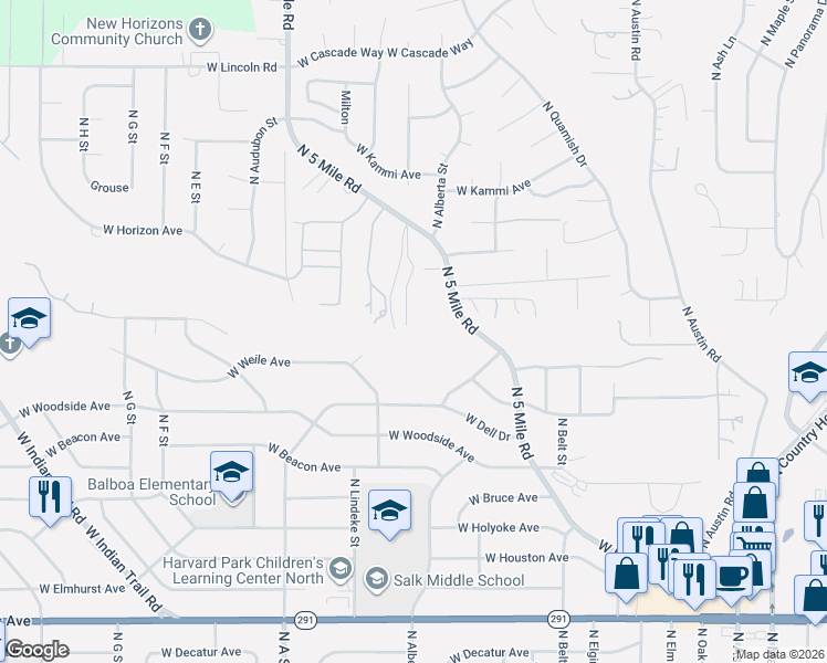 map of restaurants, bars, coffee shops, grocery stores, and more near 7201 North 5 Mile Road in Spokane