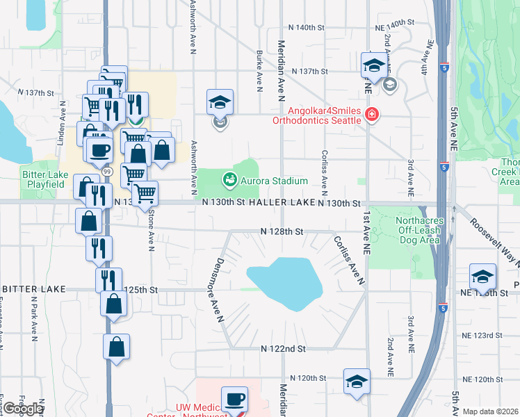 map of restaurants, bars, coffee shops, grocery stores, and more near 1746 North 128th Street in Seattle