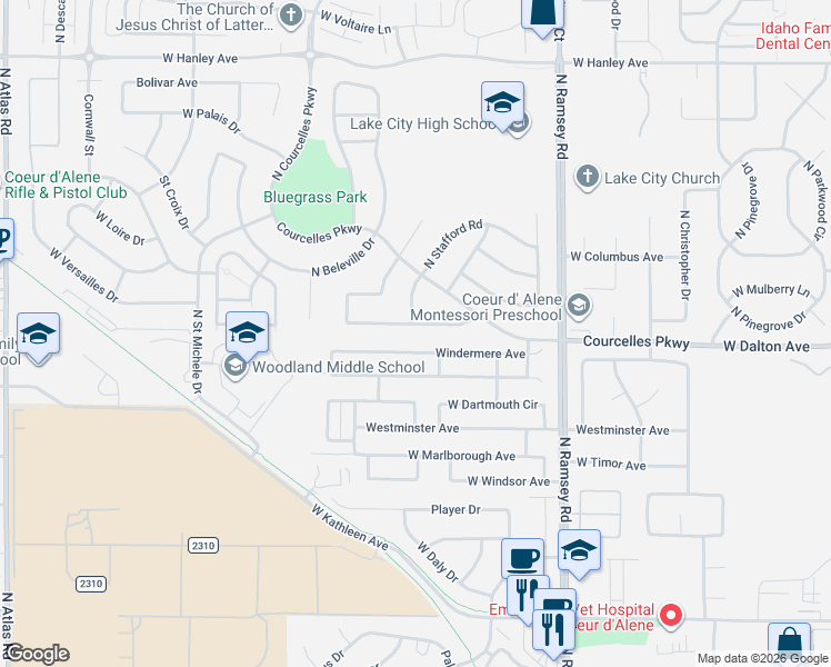map of restaurants, bars, coffee shops, grocery stores, and more near 2065 West Windermere Avenue in Coeur d'Alene