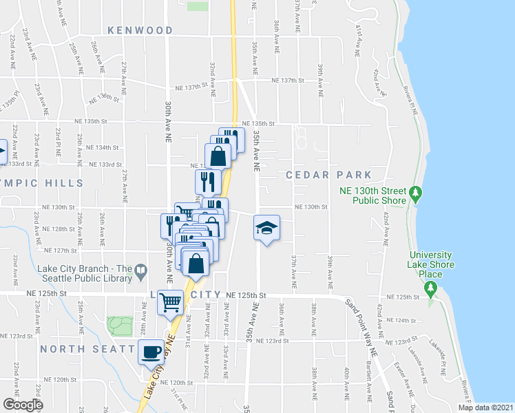 map of restaurants, bars, coffee shops, grocery stores, and more near 35th Avenue Northeast & Northeast 130th Street in Seattle