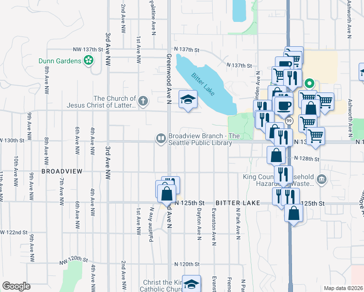 map of restaurants, bars, coffee shops, grocery stores, and more near 12726 Greenwood Avenue North in Seattle