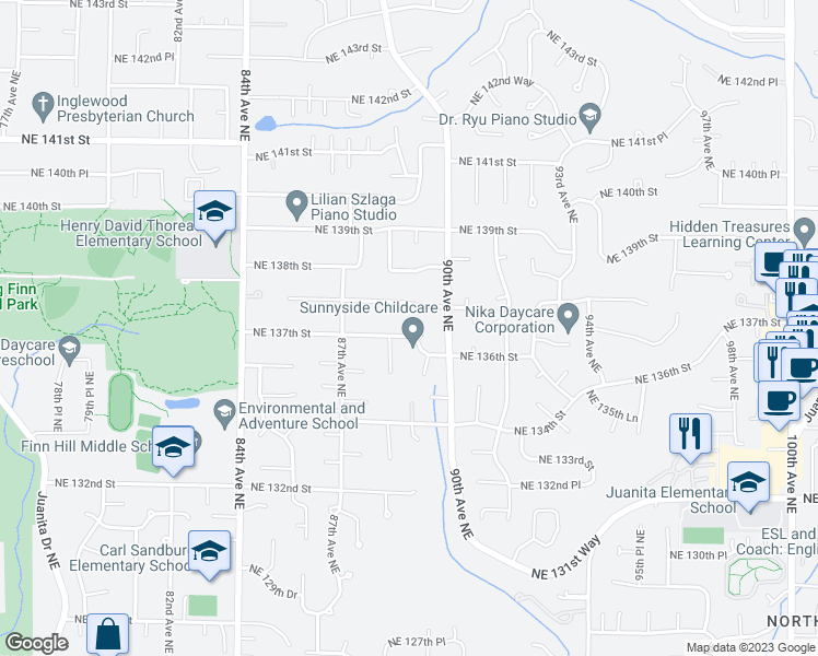 map of restaurants, bars, coffee shops, grocery stores, and more near 8818 Northeast 137th Street in Kirkland