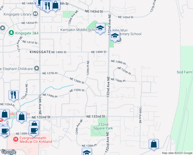 map of restaurants, bars, coffee shops, grocery stores, and more near 12932 Northeast 136th Place in Kirkland