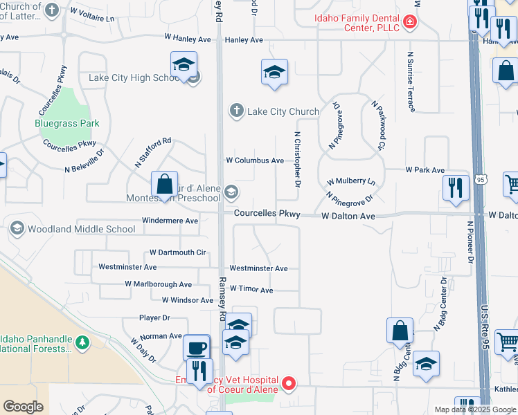 map of restaurants, bars, coffee shops, grocery stores, and more near 1485 West Ocean Avenue in Coeur d'Alene