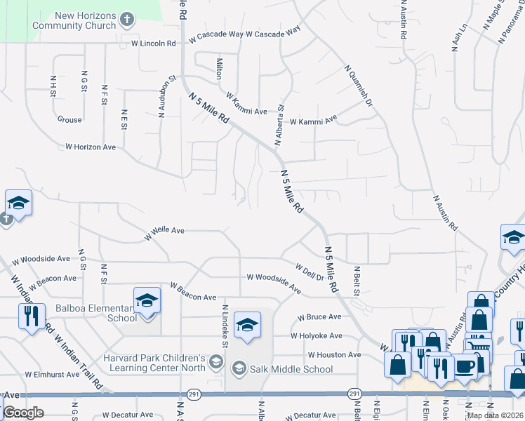 map of restaurants, bars, coffee shops, grocery stores, and more near 7201 North 5 Mile Road in Spokane