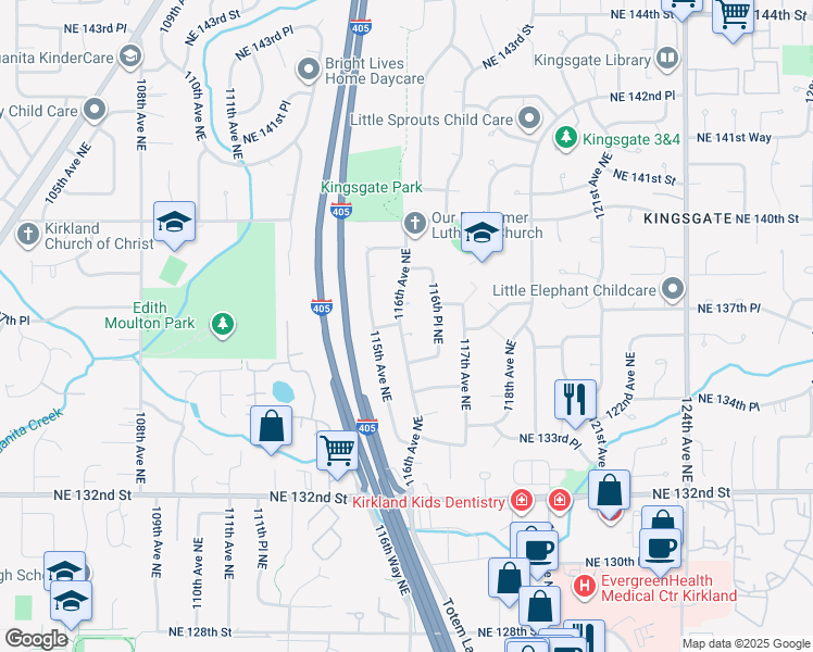map of restaurants, bars, coffee shops, grocery stores, and more near 13615 116th Avenue Northeast in Kirkland
