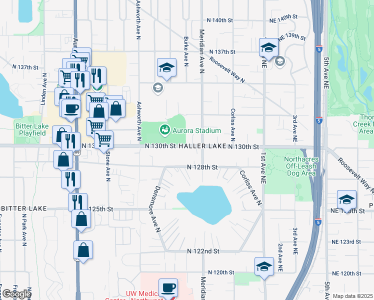 map of restaurants, bars, coffee shops, grocery stores, and more near 1746 North 128th Street in Seattle