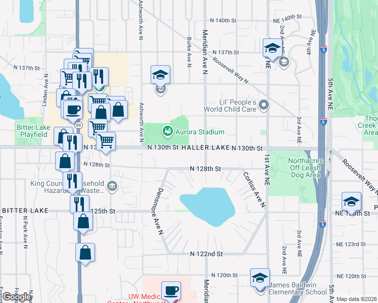 map of restaurants, bars, coffee shops, grocery stores, and more near 1746 North 128th Street in Seattle