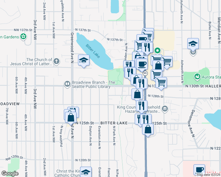 map of restaurants, bars, coffee shops, grocery stores, and more near 12767 Fremont Avenue North in Seattle