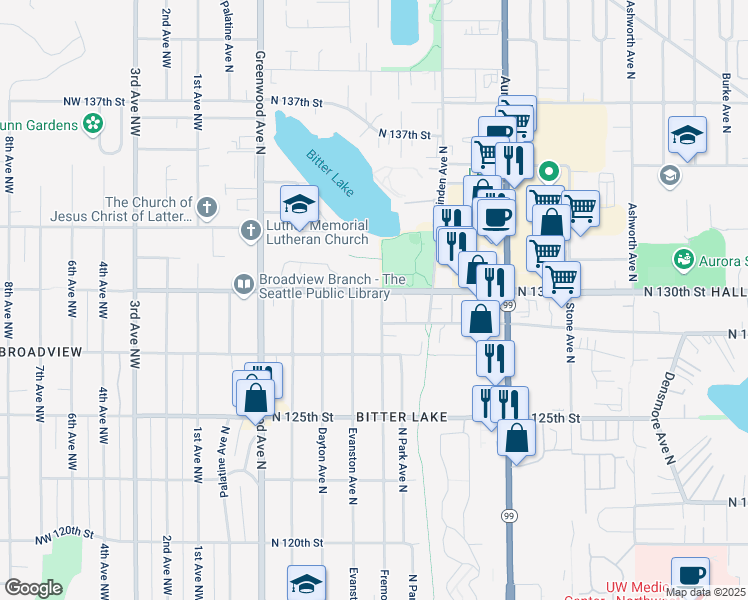 map of restaurants, bars, coffee shops, grocery stores, and more near 12767 Fremont Avenue North in Seattle