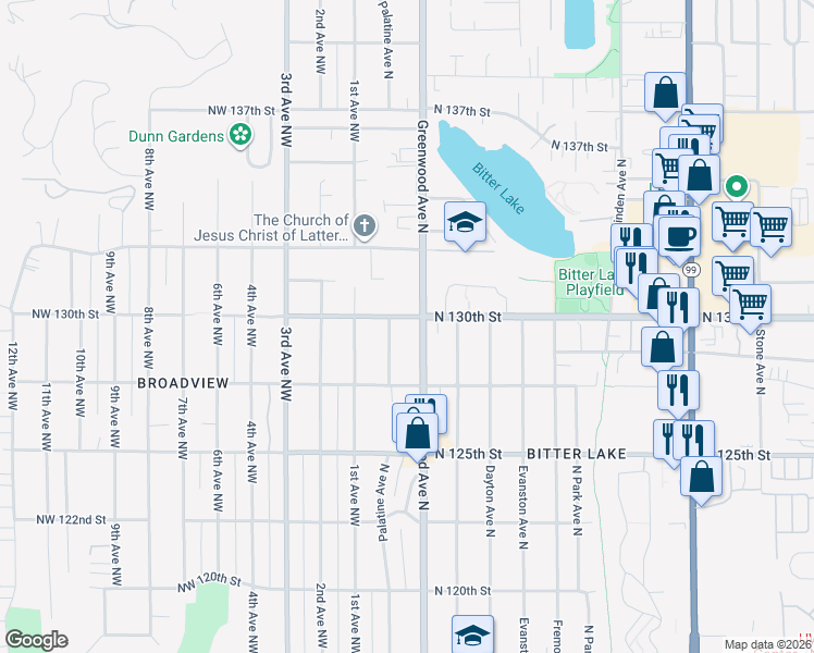 map of restaurants, bars, coffee shops, grocery stores, and more near 12738 Palatine Avenue North in Seattle