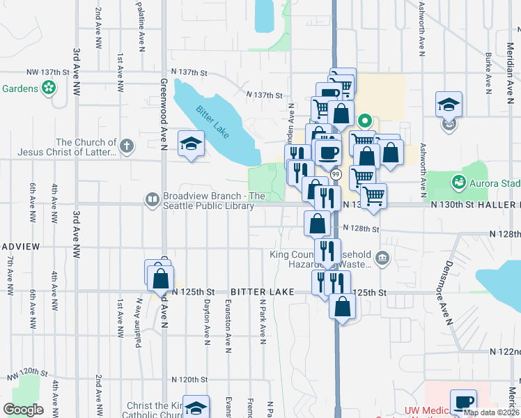 map of restaurants, bars, coffee shops, grocery stores, and more near 12806 North Park Avenue North in Seattle
