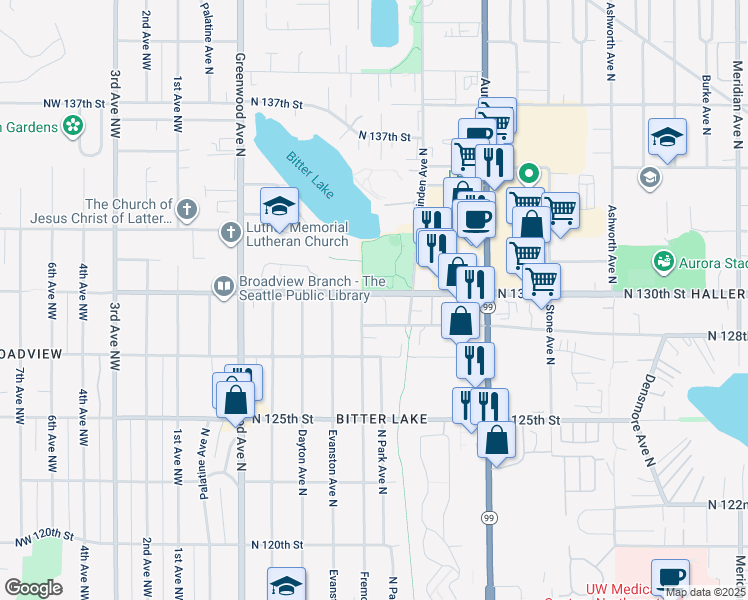 map of restaurants, bars, coffee shops, grocery stores, and more near 12767 Fremont Avenue North in Seattle