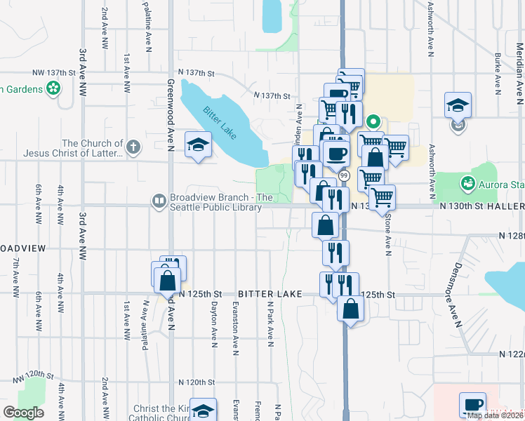 map of restaurants, bars, coffee shops, grocery stores, and more near 12767 Fremont Avenue North in Seattle