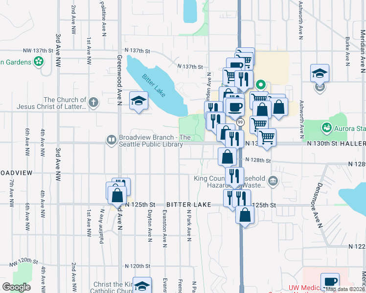 map of restaurants, bars, coffee shops, grocery stores, and more near 707 North 130th Street in Seattle