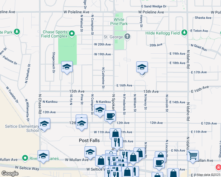 map of restaurants, bars, coffee shops, grocery stores, and more near 107 West 15th Avenue in Post Falls