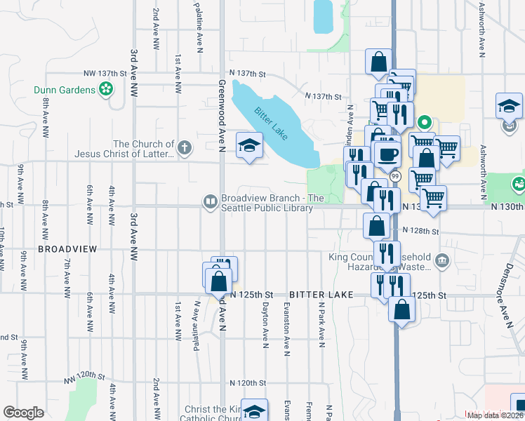 map of restaurants, bars, coffee shops, grocery stores, and more near 12757 Dayton Avenue North in Seattle